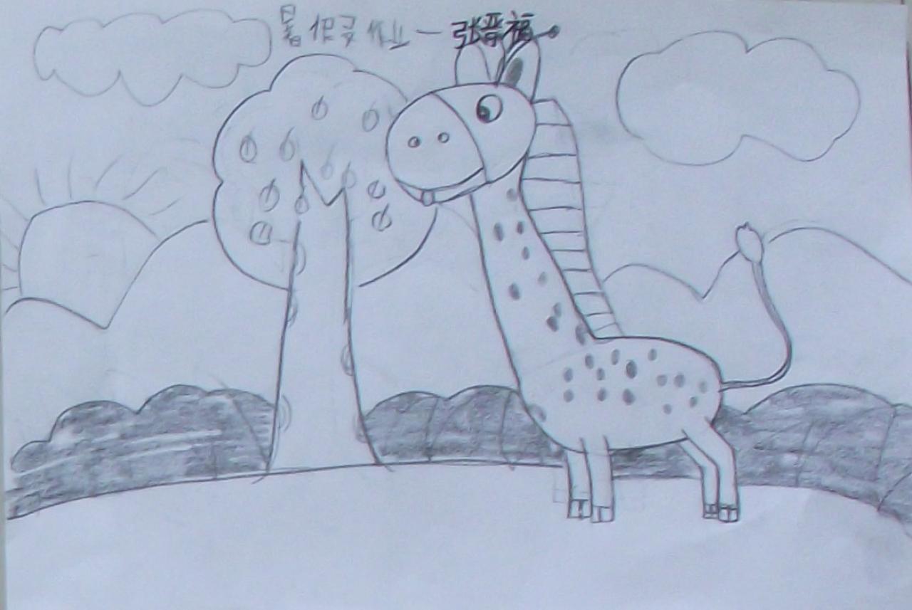 长颈鹿吃树叶 张晋福画
