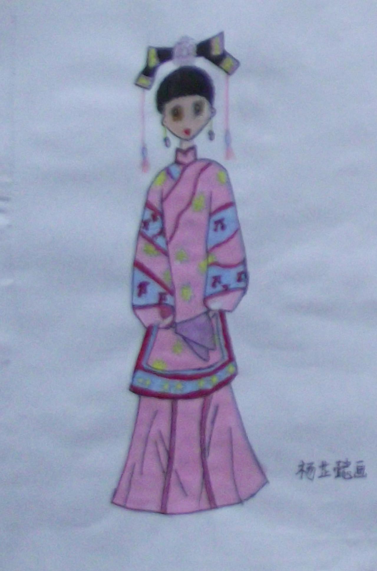 穿着粉色传统旗袍的格格 杨芷懿画