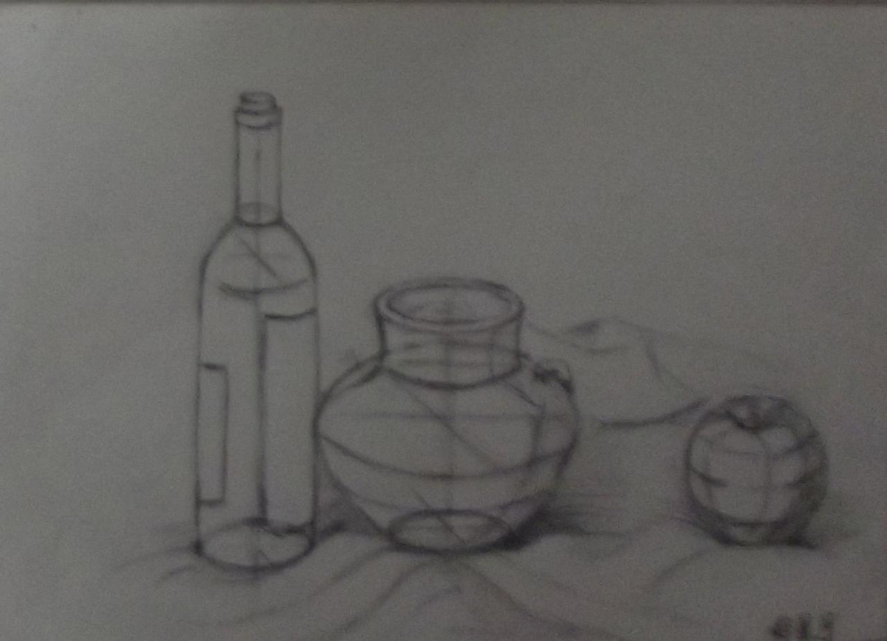 酒瓶、坛子和水果结构素描 郑星宇画
