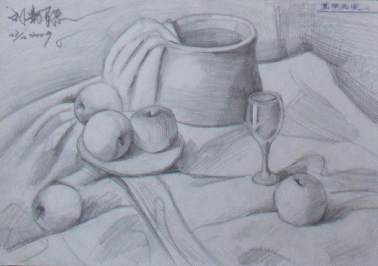 坛子、酒杯、苹果和盘子静物素描 刘嘉聪画