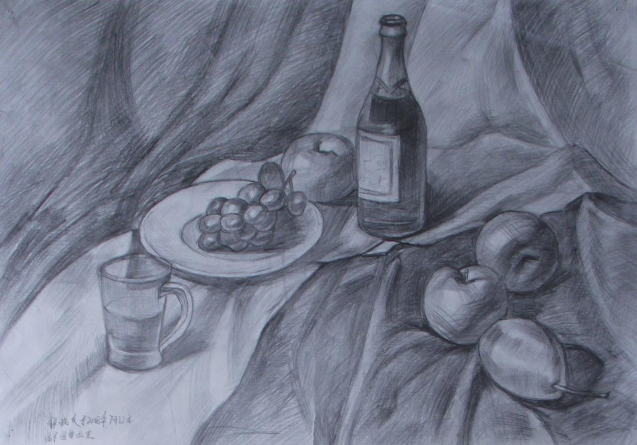 酒瓶、盘子，苹果、梨静物素描 解晓庆画