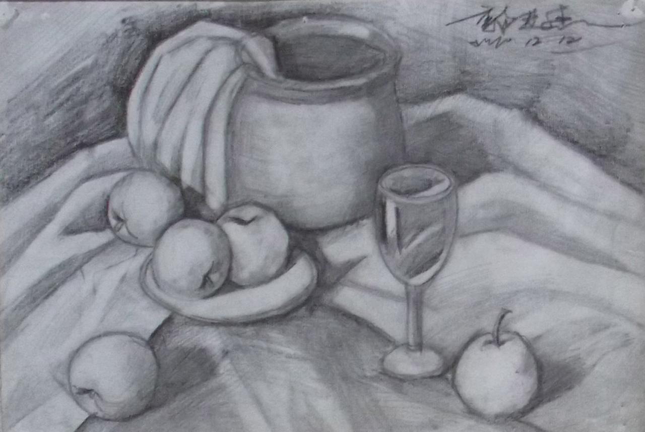 苹果、香蕉、杯子和坛子静物素描 郭亚杰画