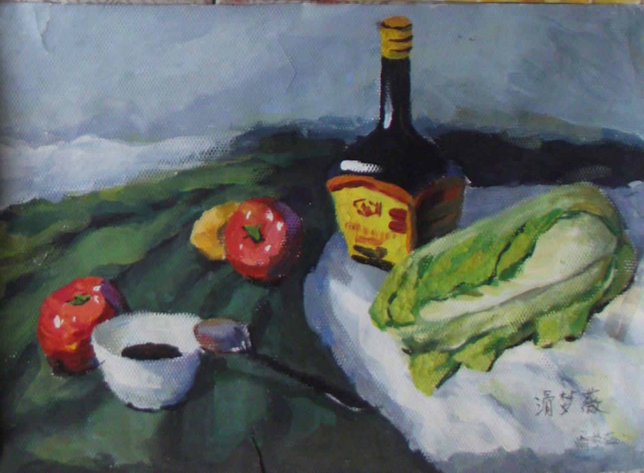 酱油瓶、碗、勺子、番茄和白菜静物水粉 滑梦薇画