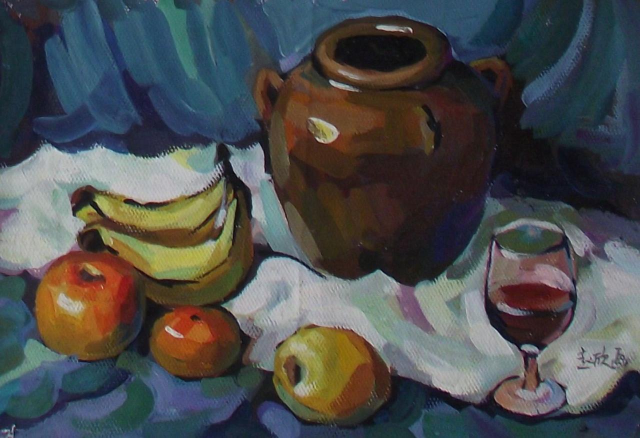 坛子、香蕉、苹果、梨和酒杯静物水粉 赵欣画