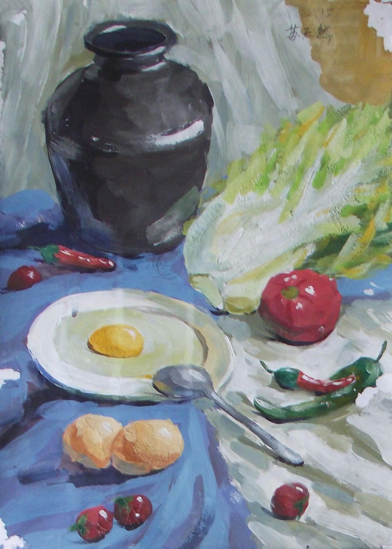 坛子、辣椒、盘子、白菜、蛋黄等静物水粉 苏天然画
