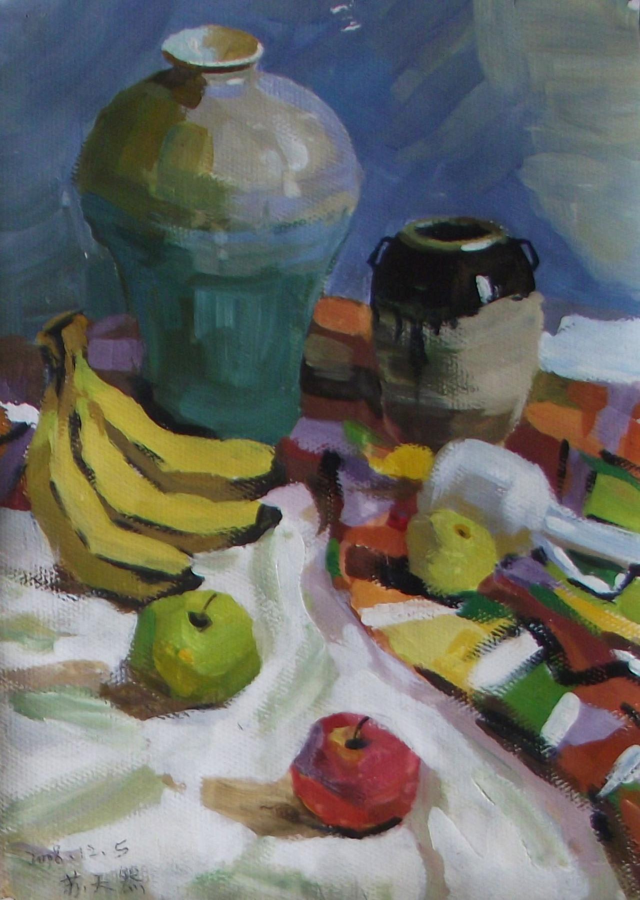 坛子、香蕉、苹果等静物水粉 苏天然画