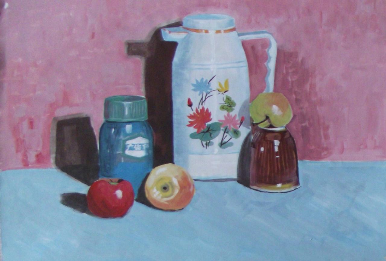 水瓶、广告色、杯子、西红柿和苹果等水粉静物 吴老师画