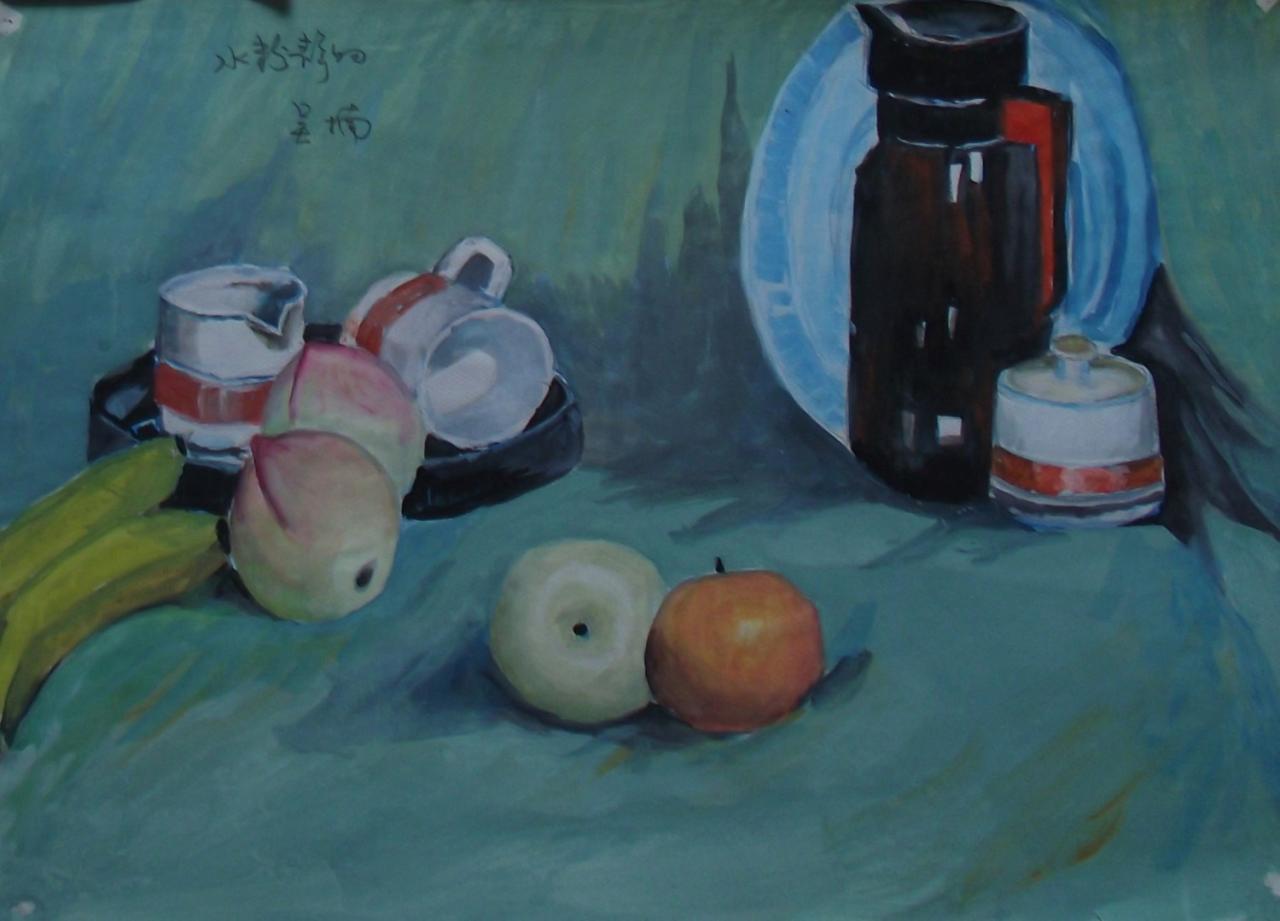 水杯、杯子、香蕉、桃和果盘等水粉静物 吴老师画