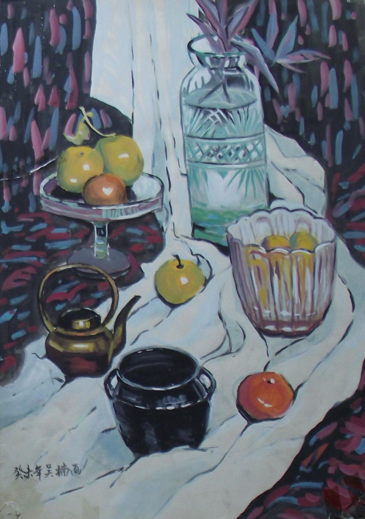 暖瓶、玻璃系列用品、铜壶和水果等水粉静物 吴老师画