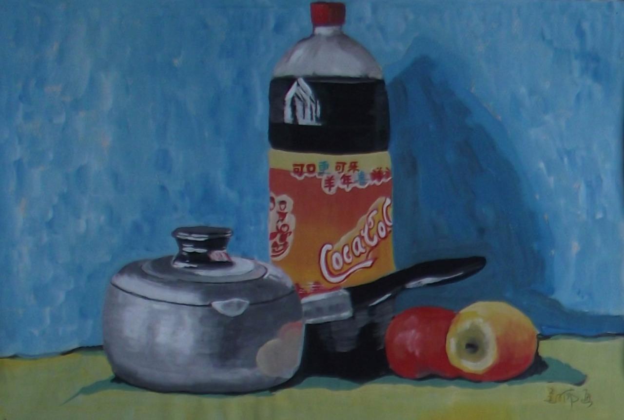 可乐、奶锅和苹果等水粉静物 吴老师画