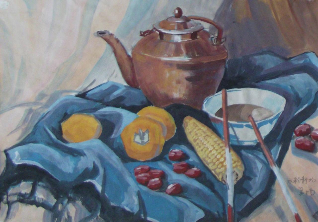 铜壶、柿子、玉米、枣、碗和筷子等水粉静物 吴老师画