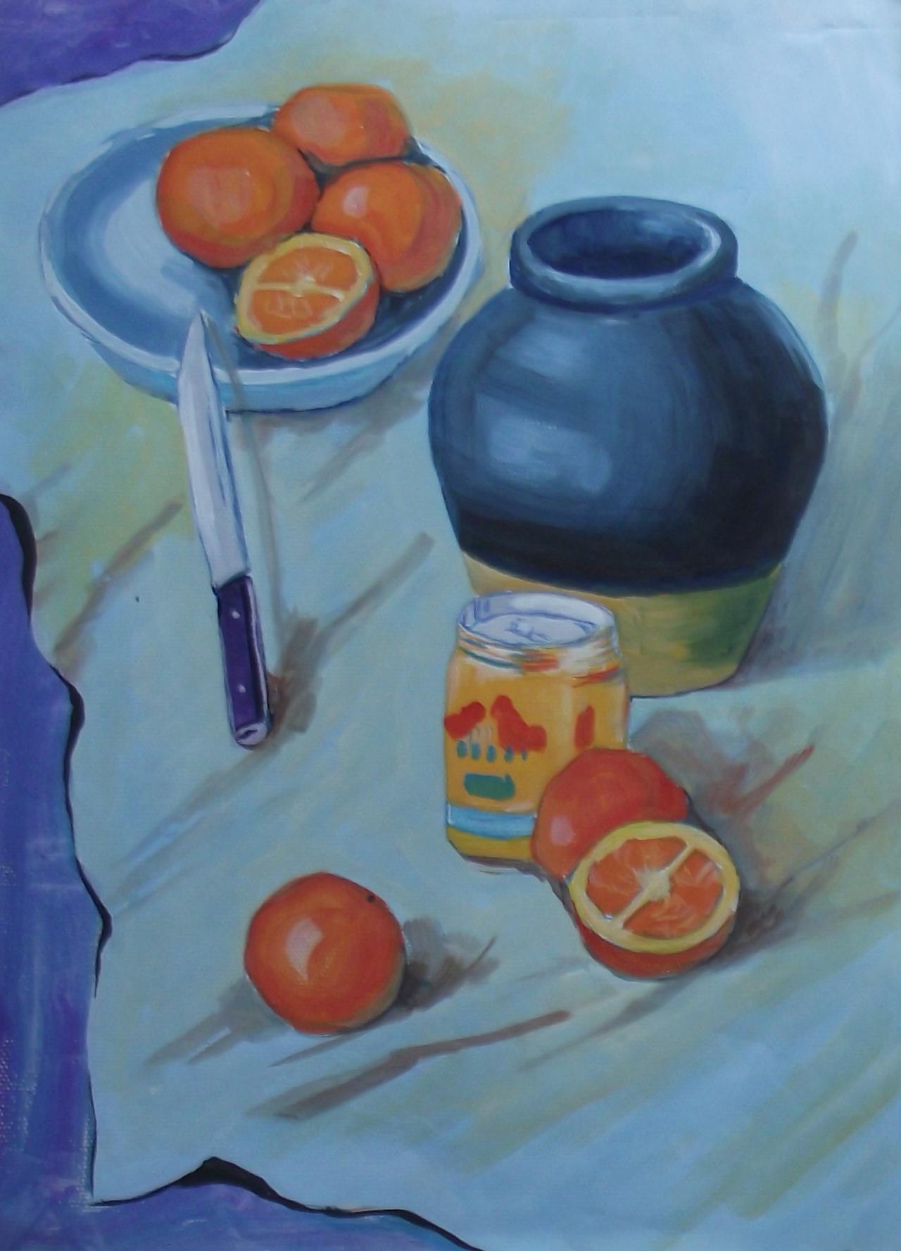 坛子、橙子、小刀和盘子水粉静物 吴老师画