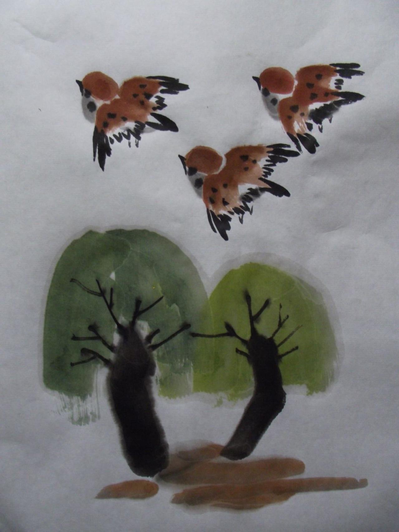麻雀和两棵小树 实心画法