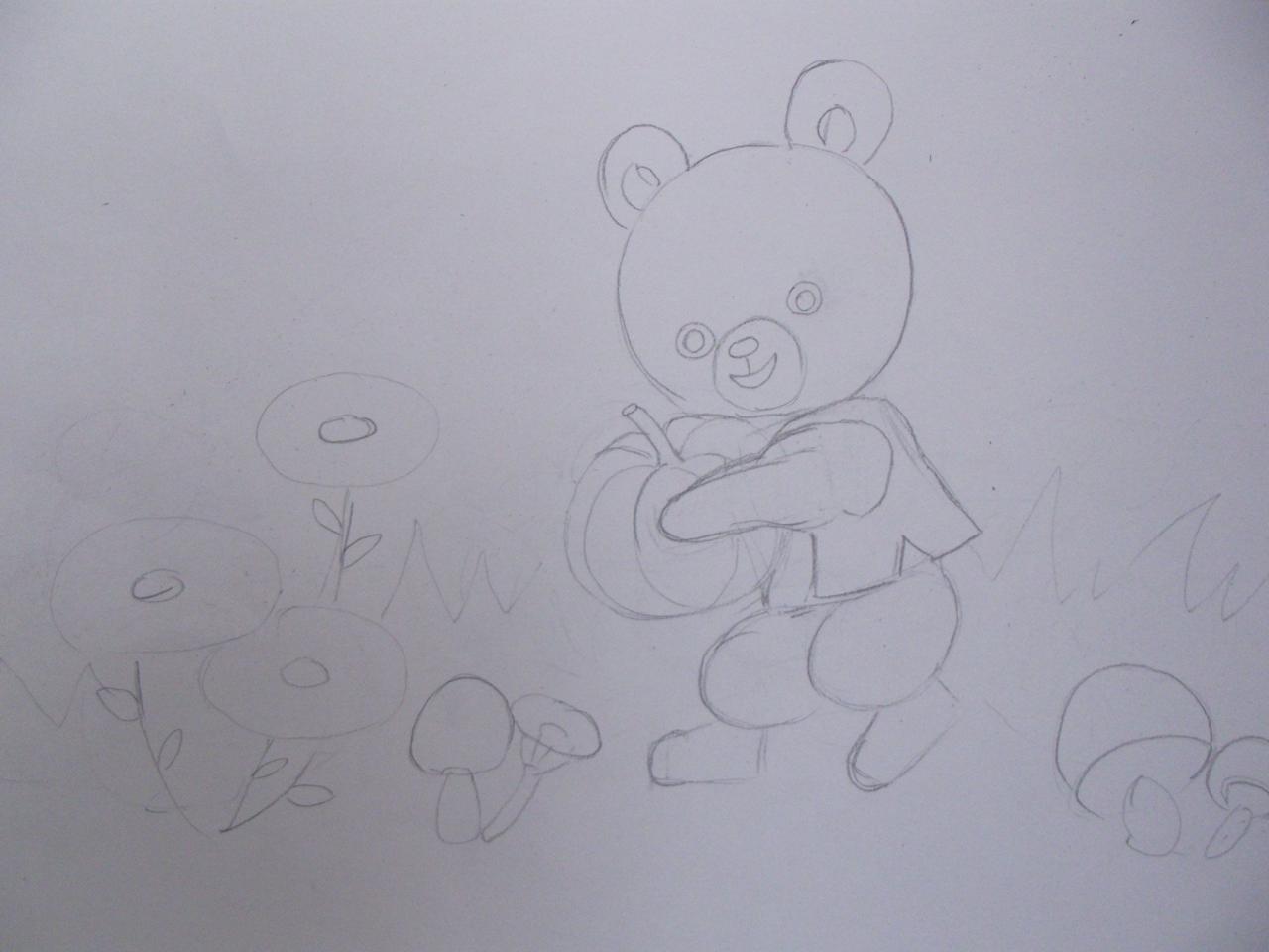 第二步，大体画出小黑熊头部、五官、躯干及四肢。