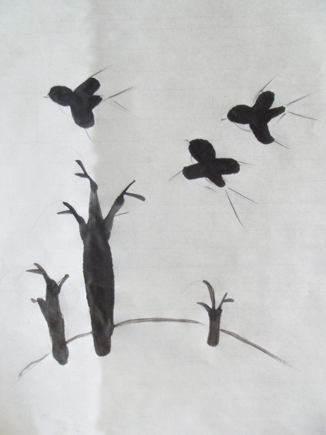 第二步，画树干、小燕子头、后背和翅膀