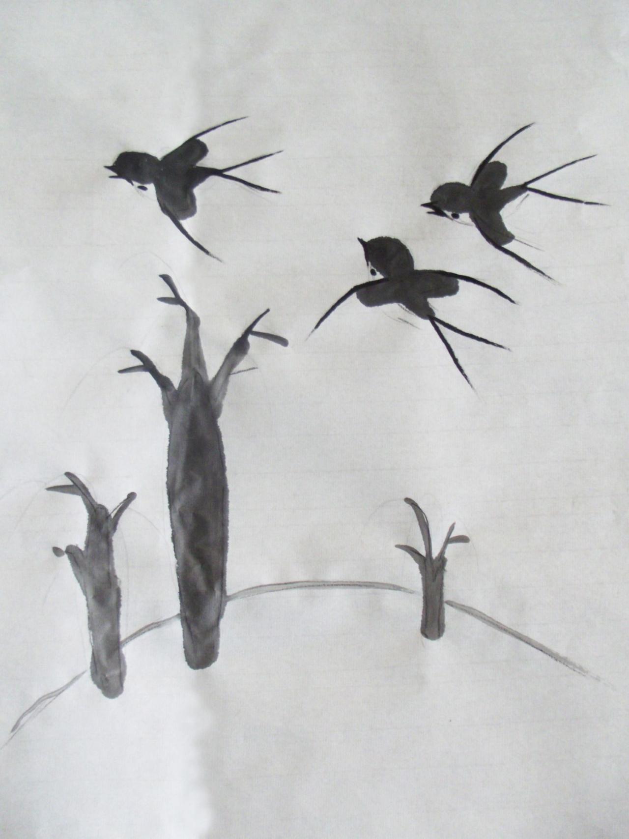 第三步，画出小燕子的嘴、眼睛和尾翼