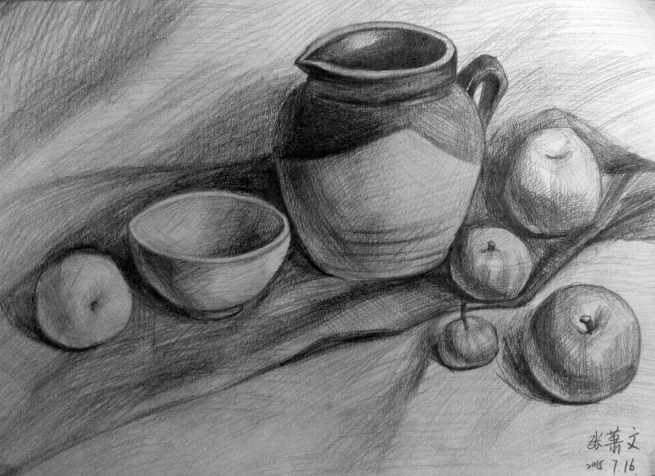 坛子、碗、苹果 静物素描 张萧文画