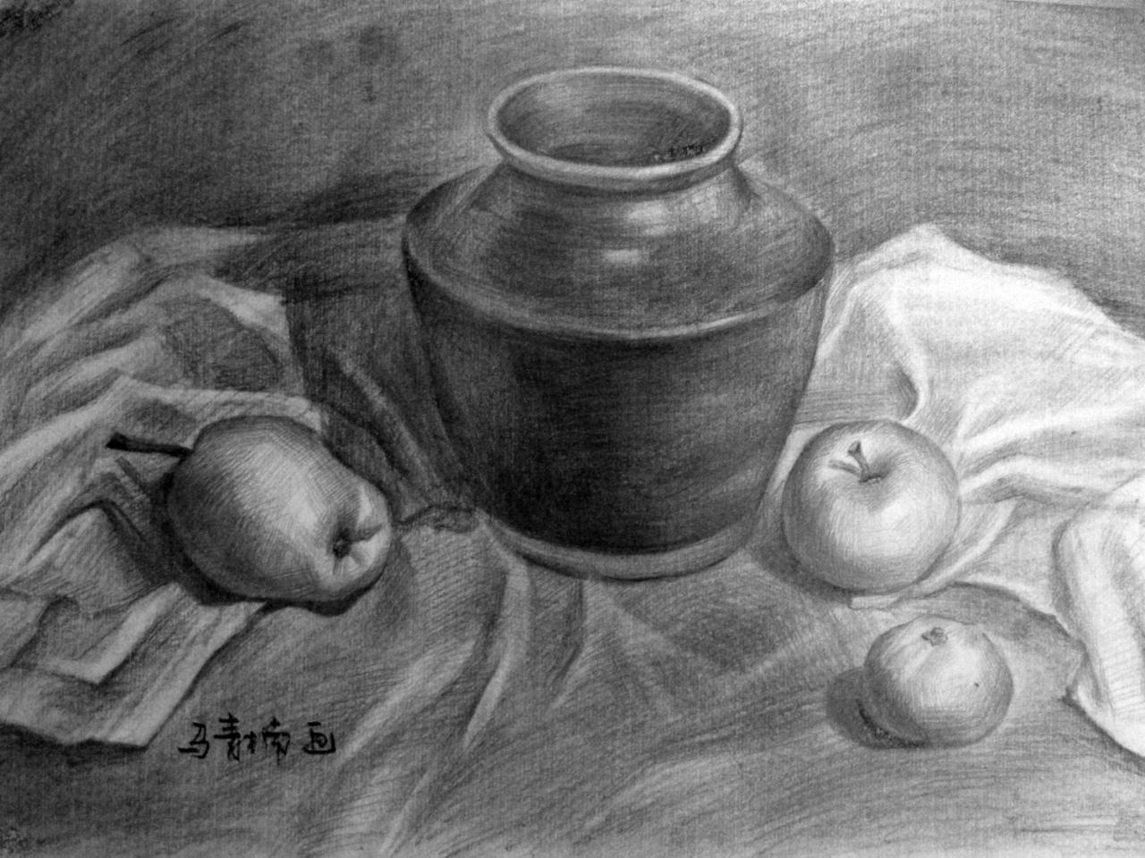 坛子、梨、苹果 静物素描 马青楠画