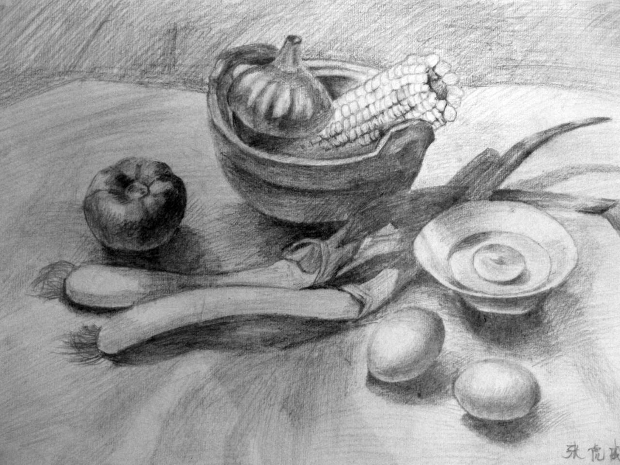 玉米、大蒜、葱、碗、鸡蛋 静物素描 张虎成画