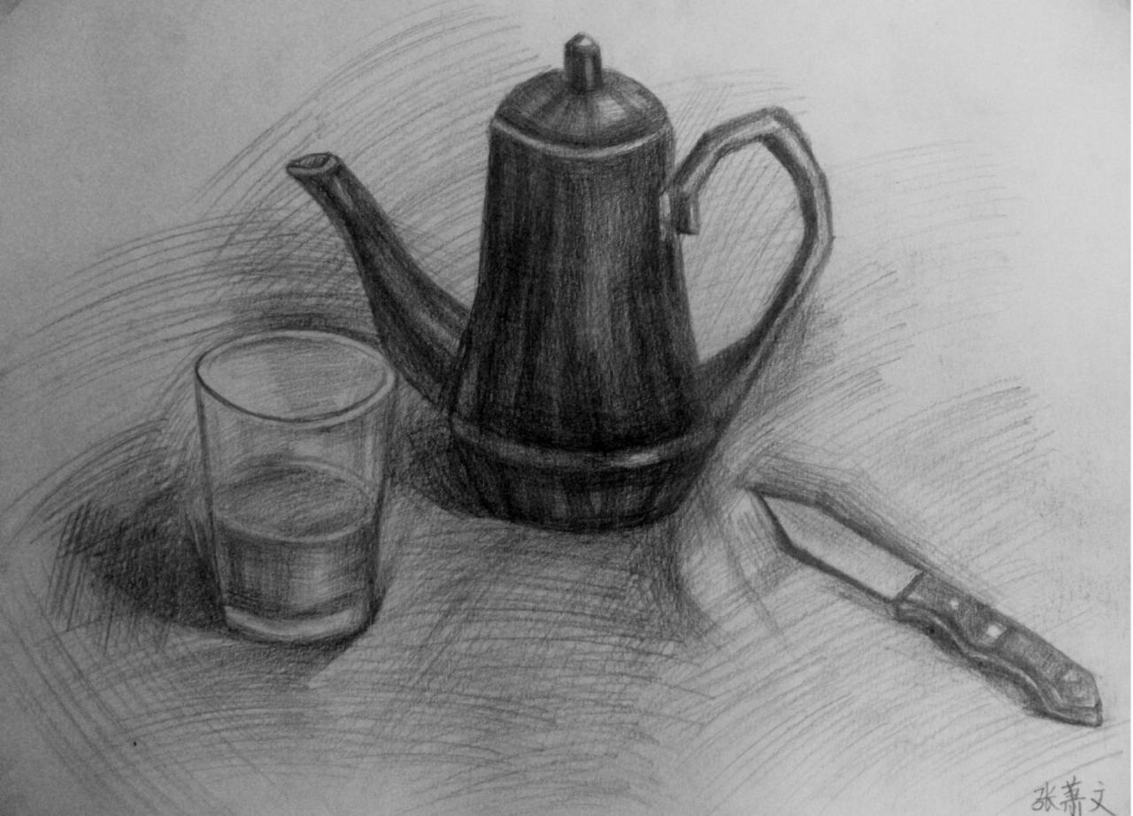 水壶、杯子、匕首 静物素描 张萧文画
