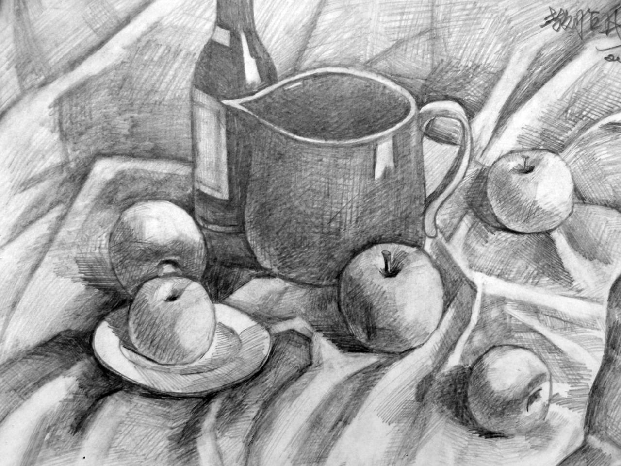 酒瓶、杯子、盘子、苹果 静物素描 教胜兵画