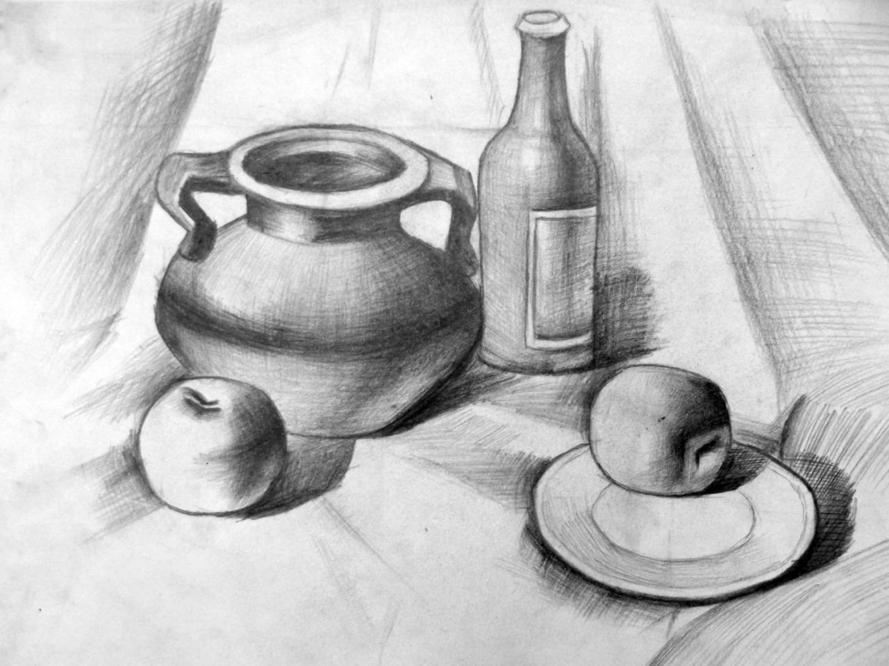坛、酒瓶、苹果、盘子 静物素描