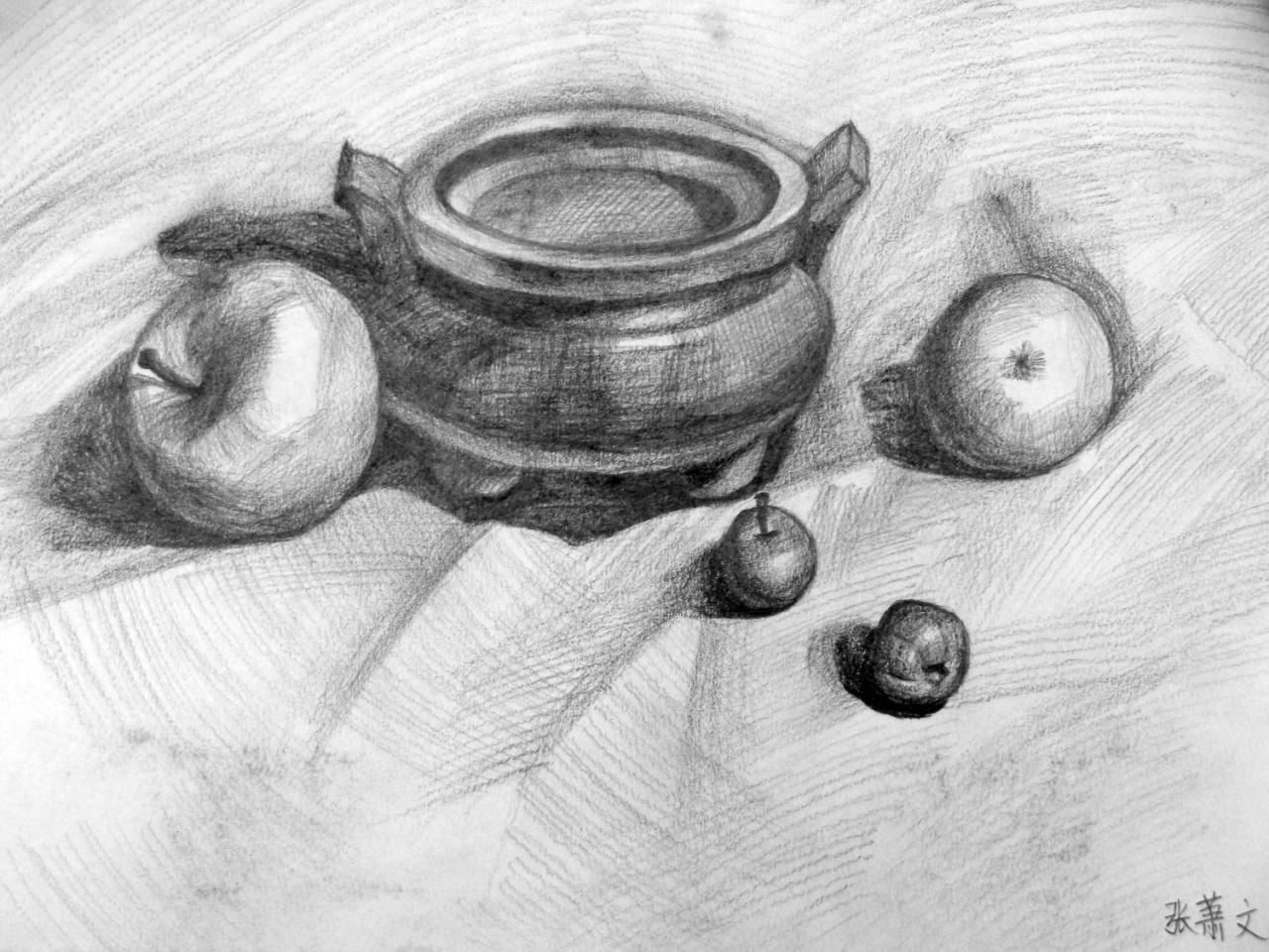 香炉、苹果、青椒 静物素描 张萧文画