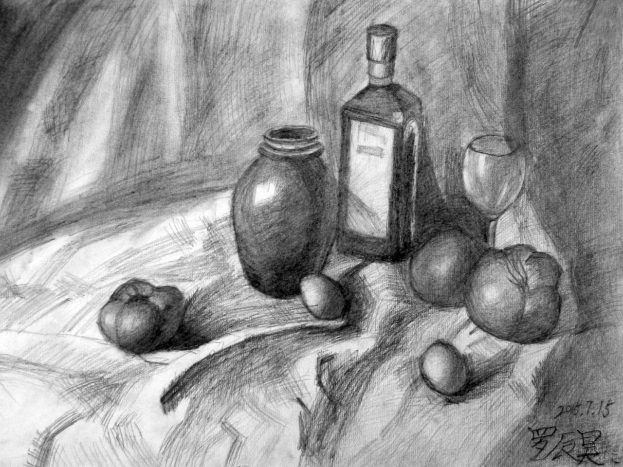 酒瓶、坛子、酒杯、鸡蛋、南瓜 静物素描 罗辰昊画