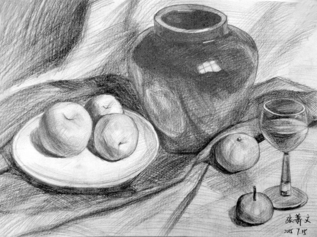 坛子、苹果、盘子、水杯 静物素描 张萧文画