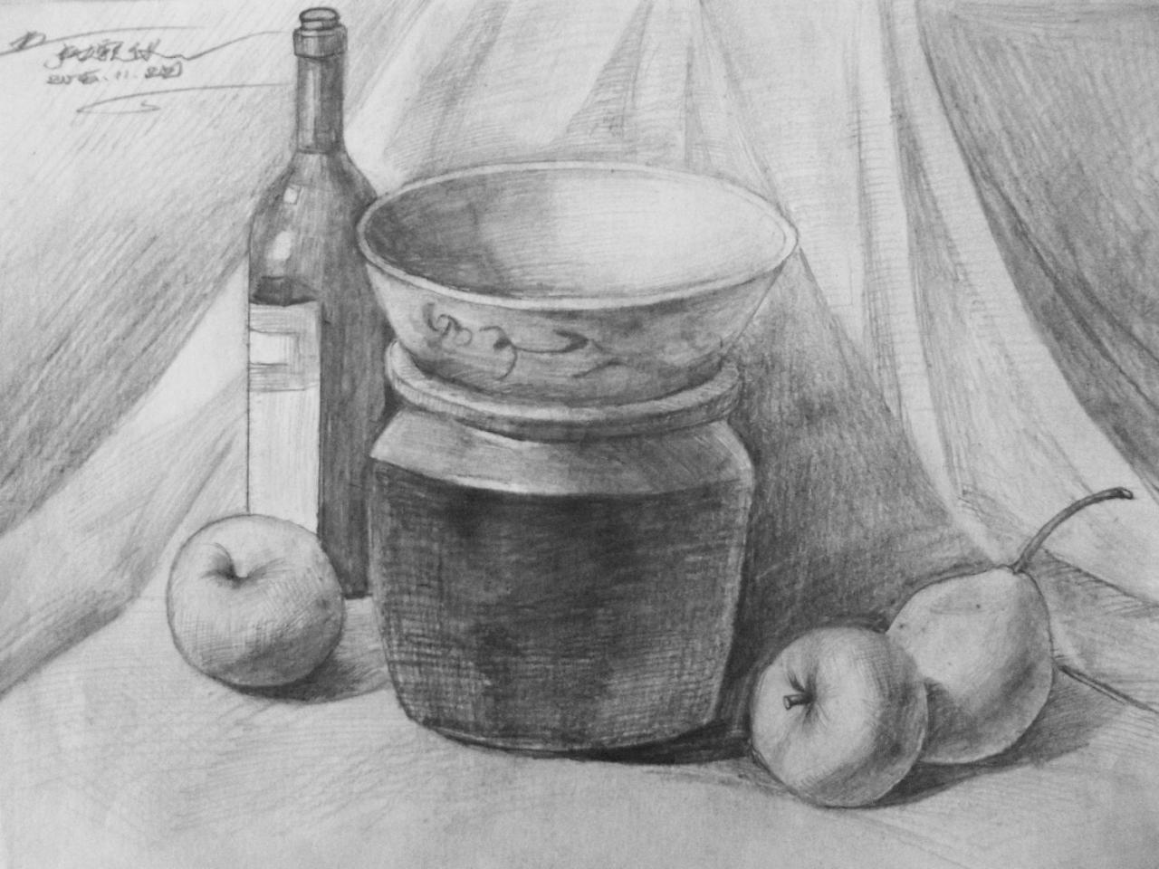 陶罐 碗 瓶子 苹果 梨 静物素描 卢婉仪画