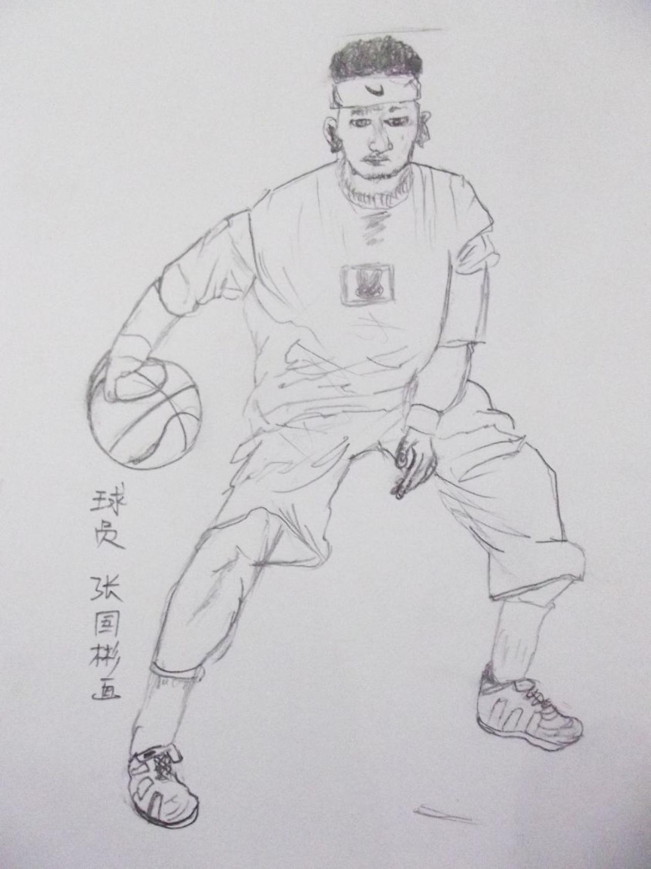 打篮球的青年男子 人物速写 张国彬画