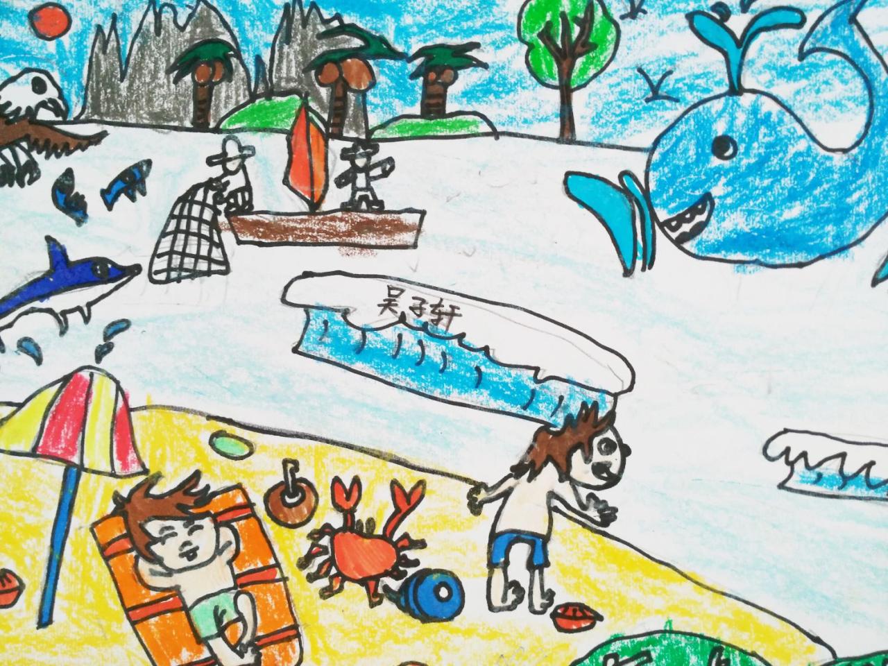 沙滩、渔民、喷水的海豚 吴子轩画