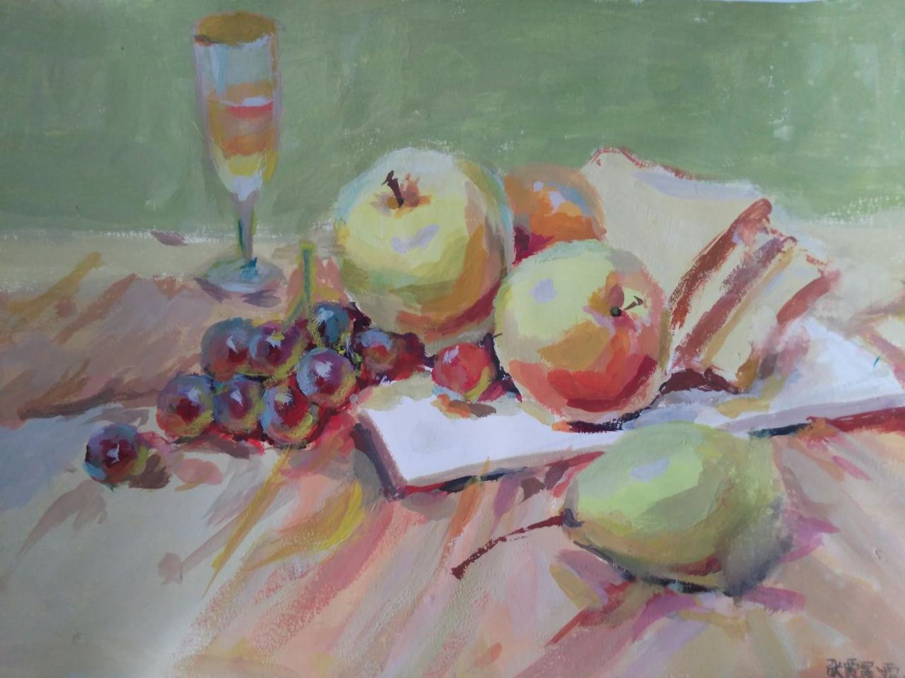 水粉静物 苹果、面包、盘子、葡萄、梨、玻璃杯 张贾晨露画