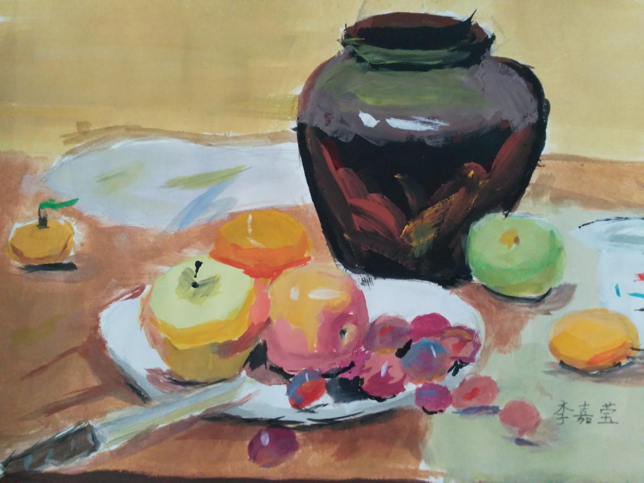 陶罐、苹果、葡萄、芒果、橘子、水果刀等 李嘉莹画