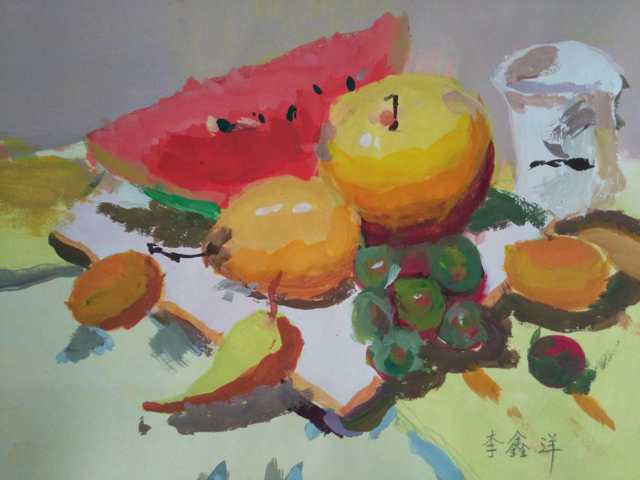 水粉静物 西瓜、苹果、梨、葡萄、辣椒、盘子、玻璃杯等 李鑫洋画