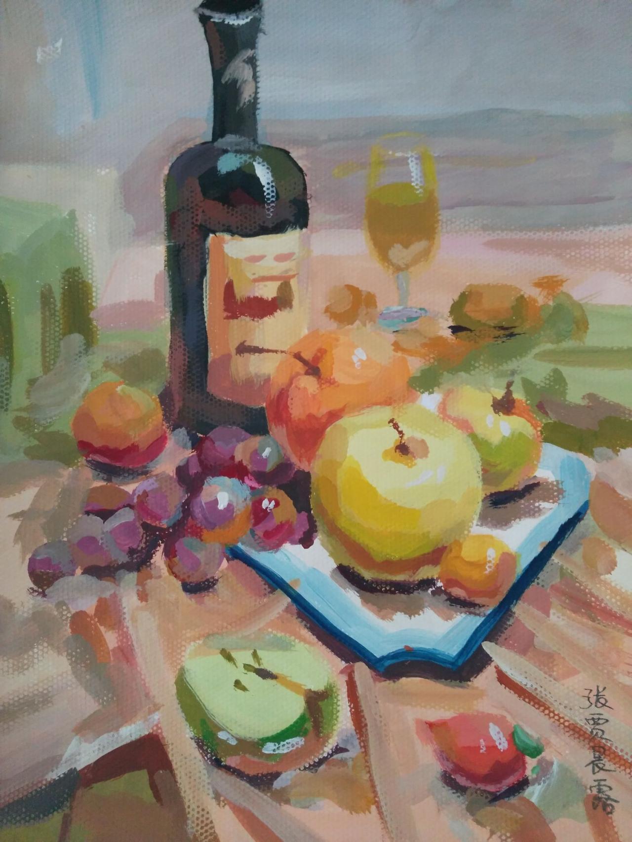 水粉静物 酒瓶、玻璃杯、葡萄、苹果、辣椒等 张贾晨露画