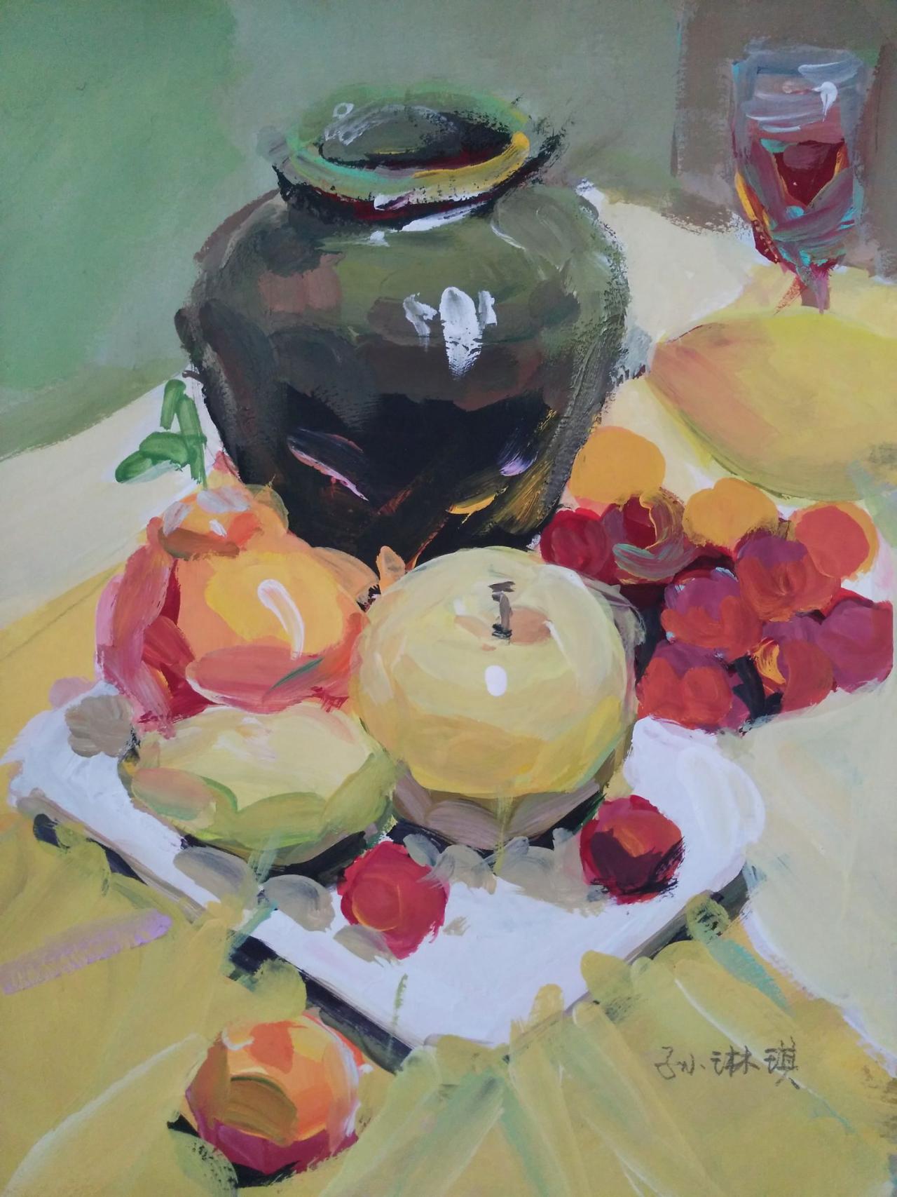 水粉静物 陶罐、苹果、梨、葡萄、盘子等 孙琳琪画