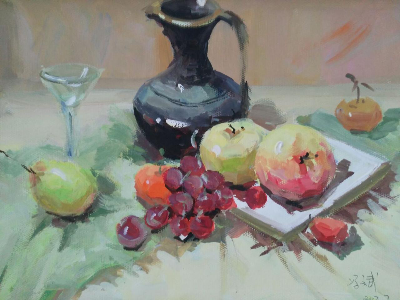 水粉静物 水壶、苹果、葡萄、玻璃杯、盘子等 冯斌画