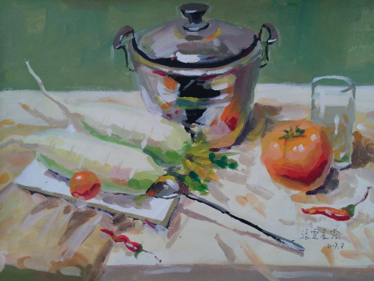 水粉静物 锅、西红柿、萝卜、玻璃杯、盘子、辣椒等 张贾晨露画