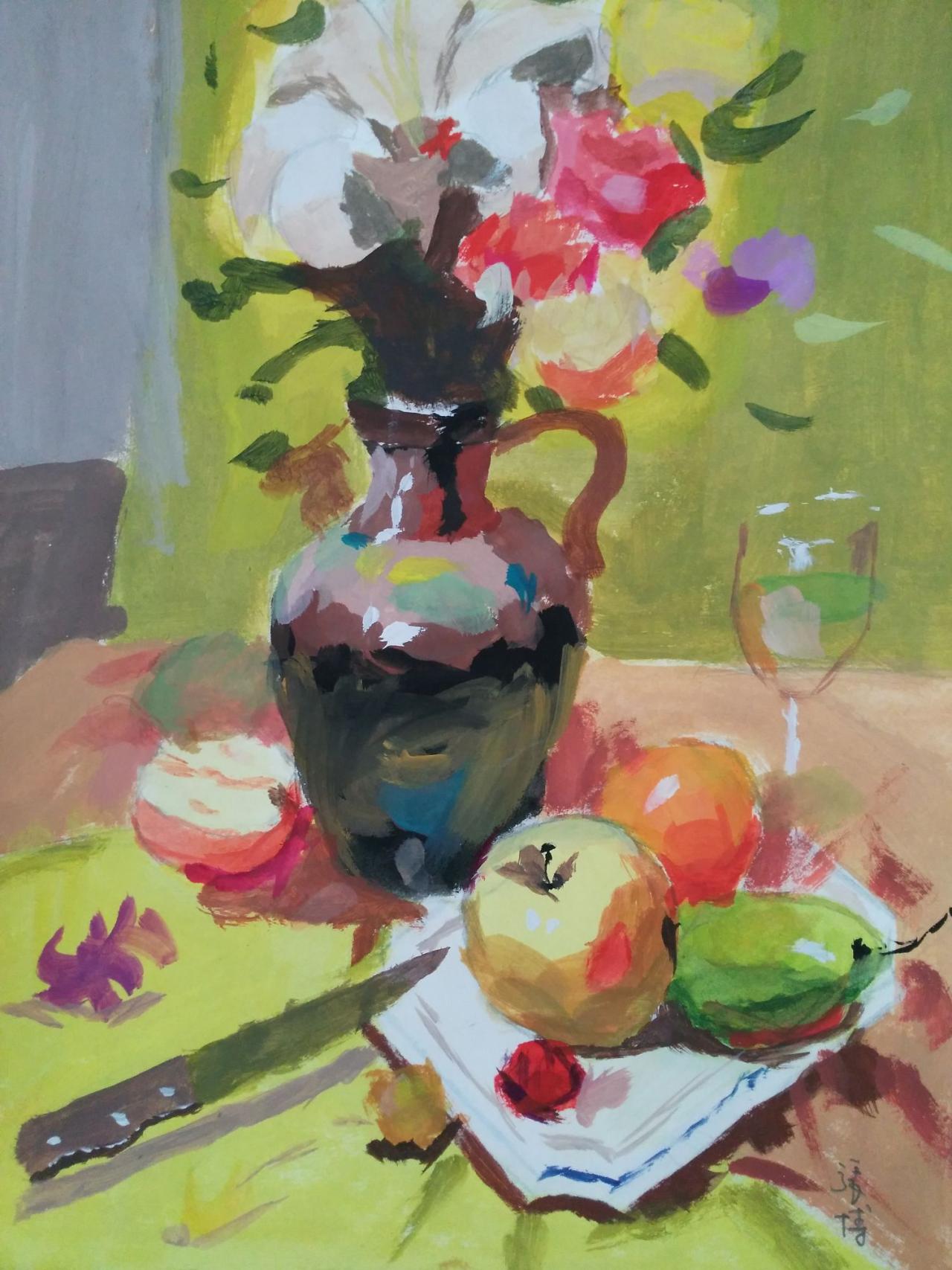 水粉静物 花瓶、水果刀、盘子、玻璃杯、苹果、梨等 张博画