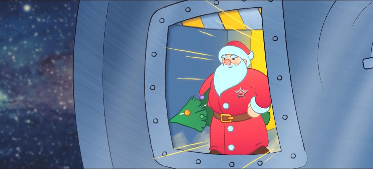 圣诞老人抱着圣诞树外观的金水晶在飞机门口准备跳伞