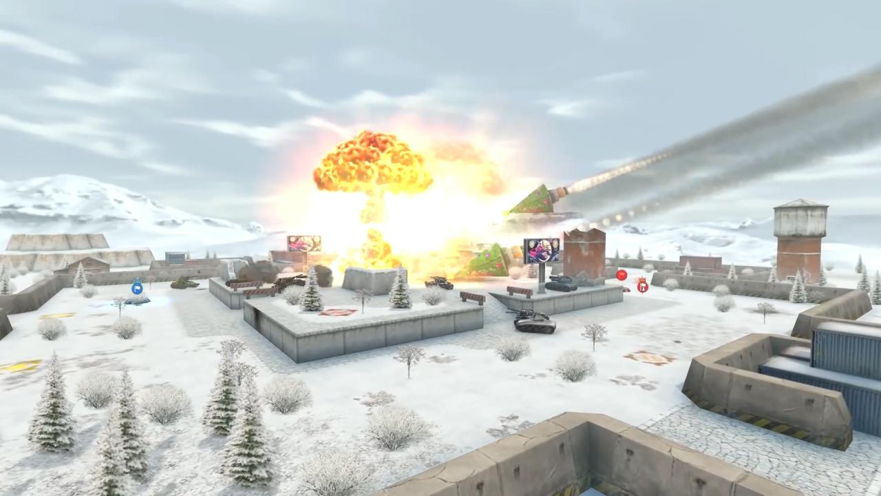 3D坦克圣诞树金水晶在高地角斗场地图降落，爆炸后升起的蘑菇云