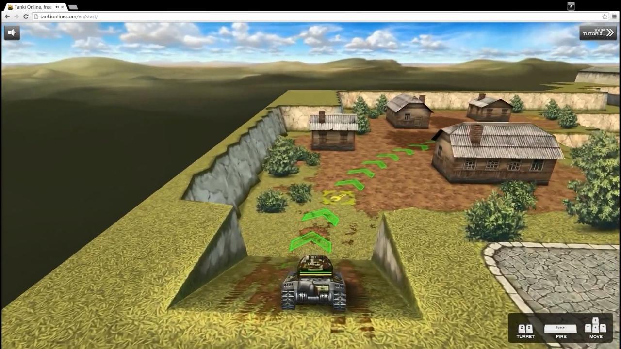 3D 坦克游戏上第一个新手教程，右下角展示的键盘操作提示，并用绿色箭头路线指引坦克