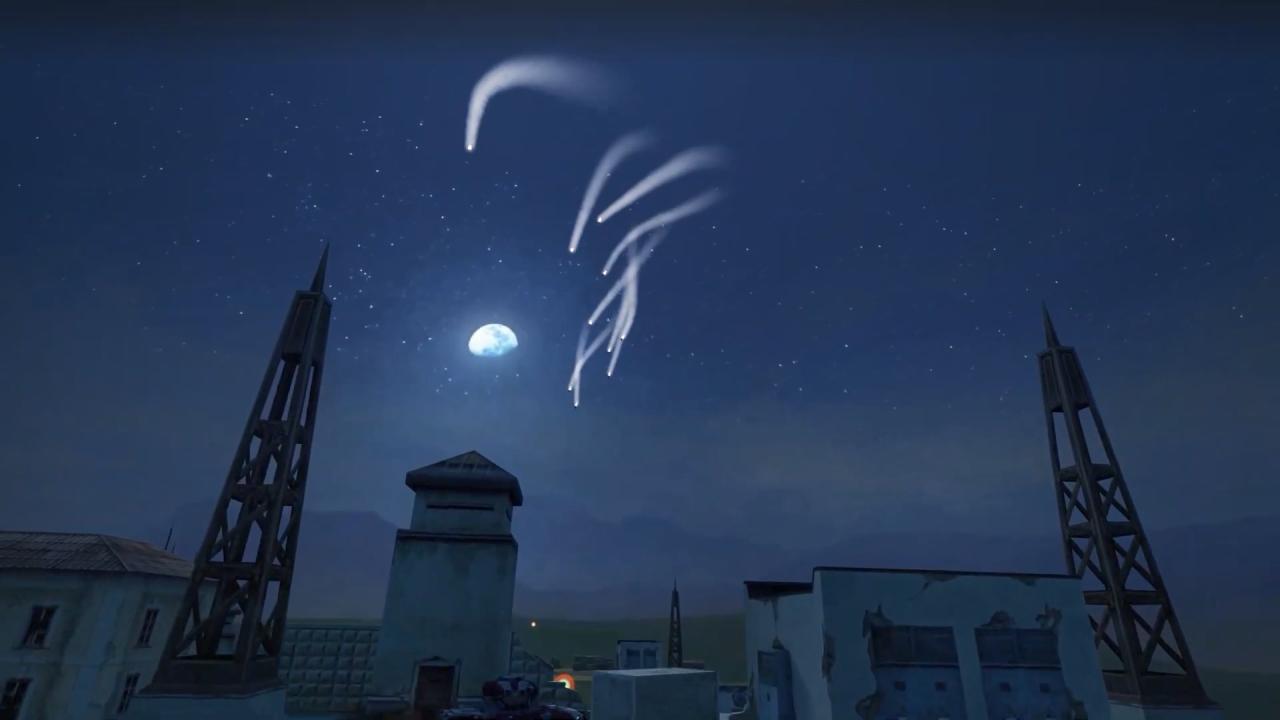 寂静地图夜间模式蝎型炮塔发射的火箭弹从天而降，滑过挂着月亮的夜空