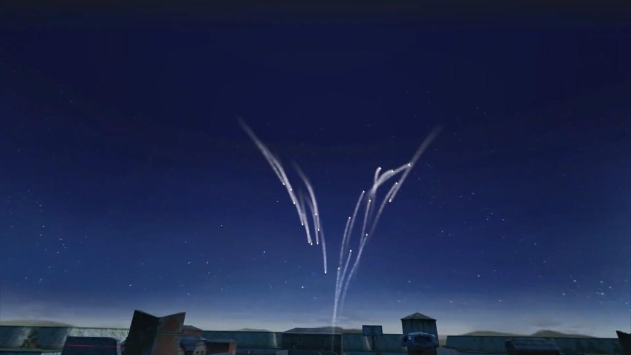 3D坦克蝎型炮塔发射的火箭弹在空中