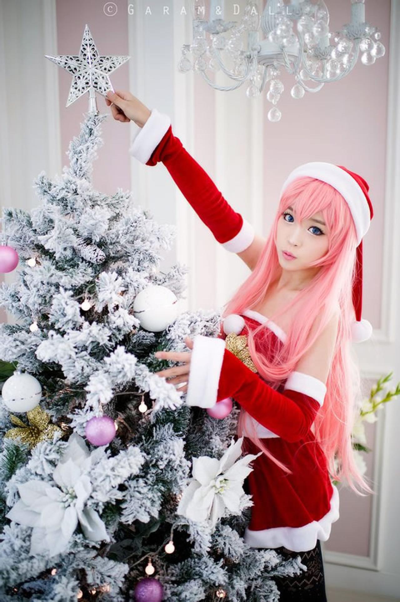 兔娘粉发圣诞服一只正在摘圣诞树的小星星