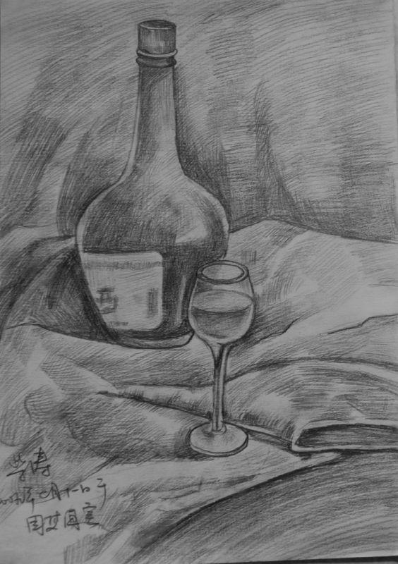 酒瓶和玻璃杯组合 柴涛画