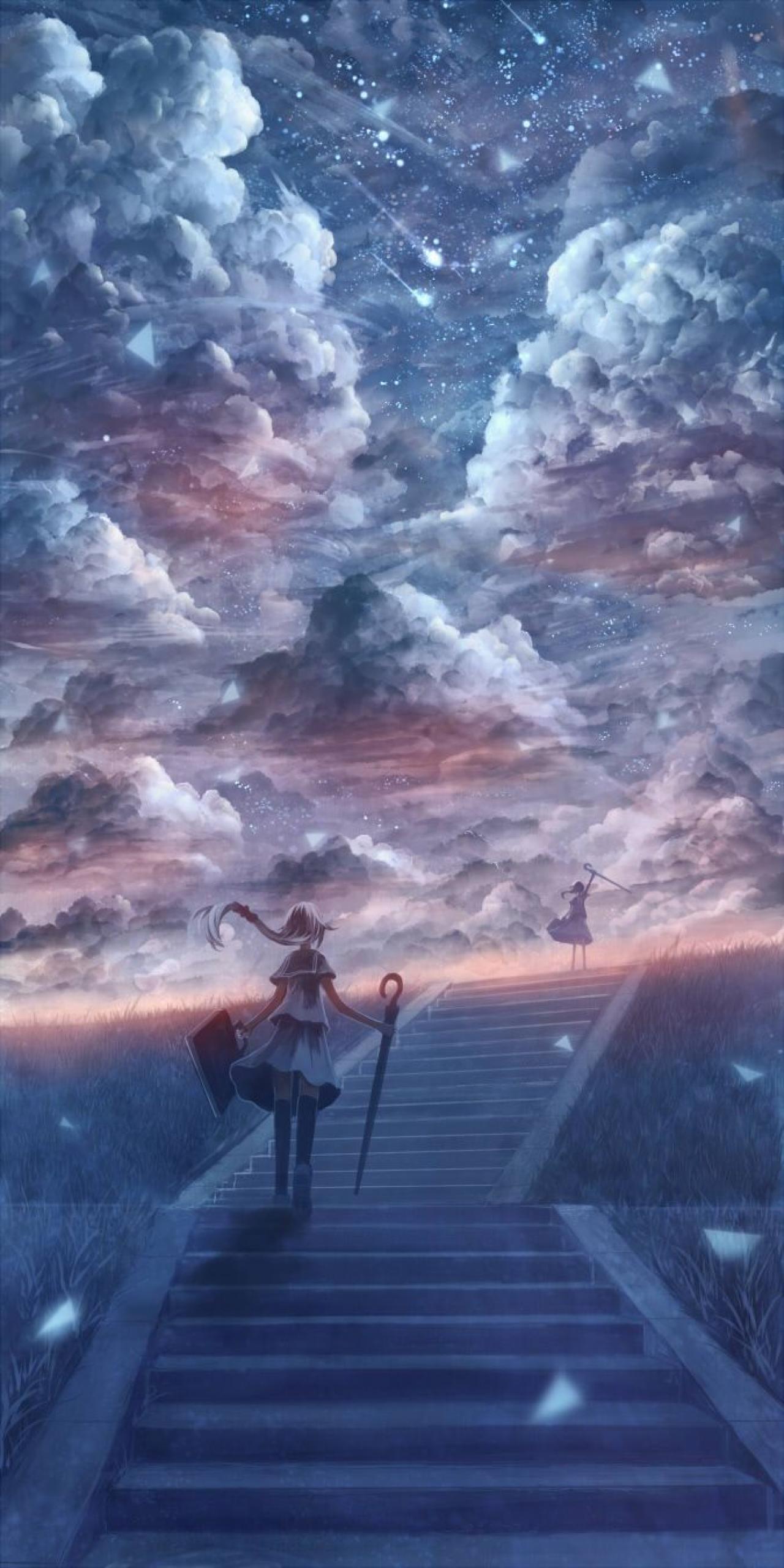 浩瀚星空下，撑伞的女孩走着台阶，在台阶的另一端依稀可见自己的梦想。