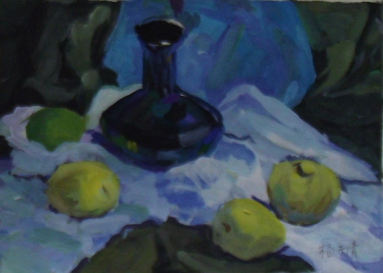 花瓶、梨和苹果水粉静物 杨子倩画