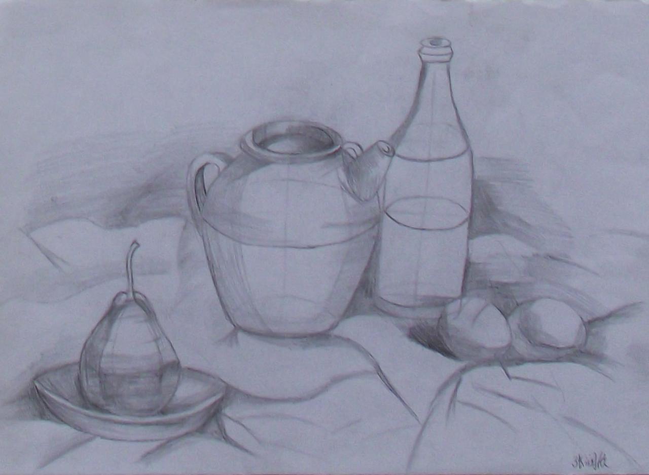 坛子、酒瓶、梨和坛子静物素描 张润欣画